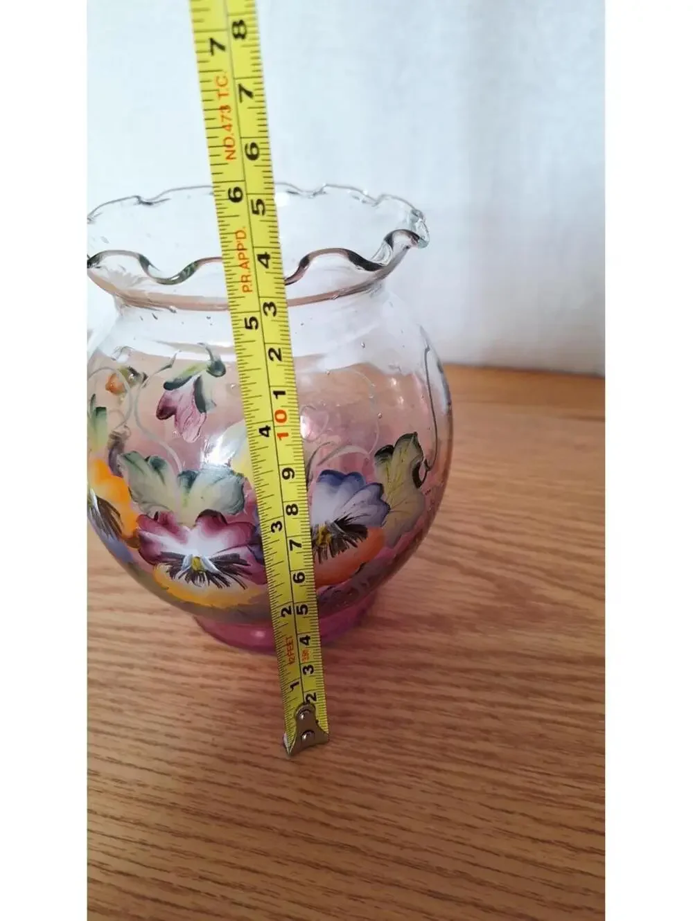 Vintage Hand Painted Pansy Glass Rose Bowl Vase - Ruffled Cranberry Glass - 5